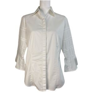 Hinson Wu Button Up Blouse Women's Size 6 White Stretch‎ Cotton Flare Sleeves